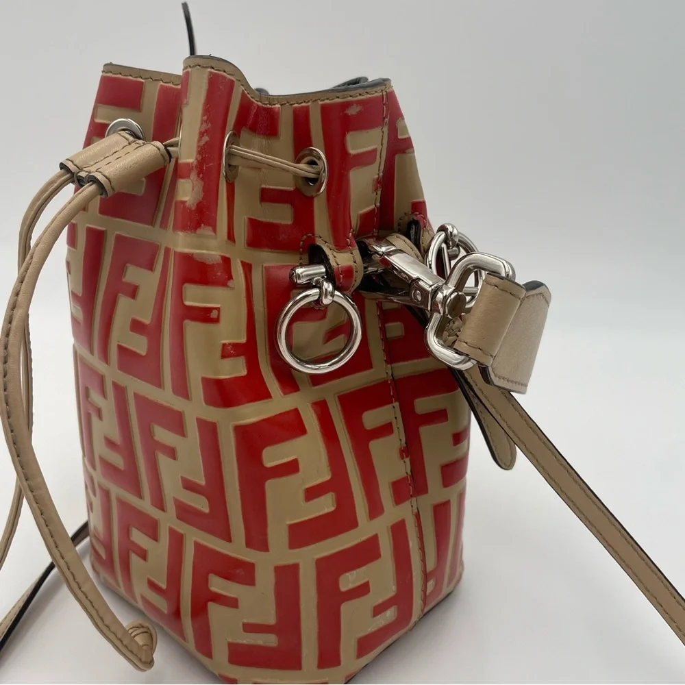 (SOLD) Fendi Monogram Embossed Beige/Red Leather Tresor Drawstring Bucket Bag - Picture 5 of 17